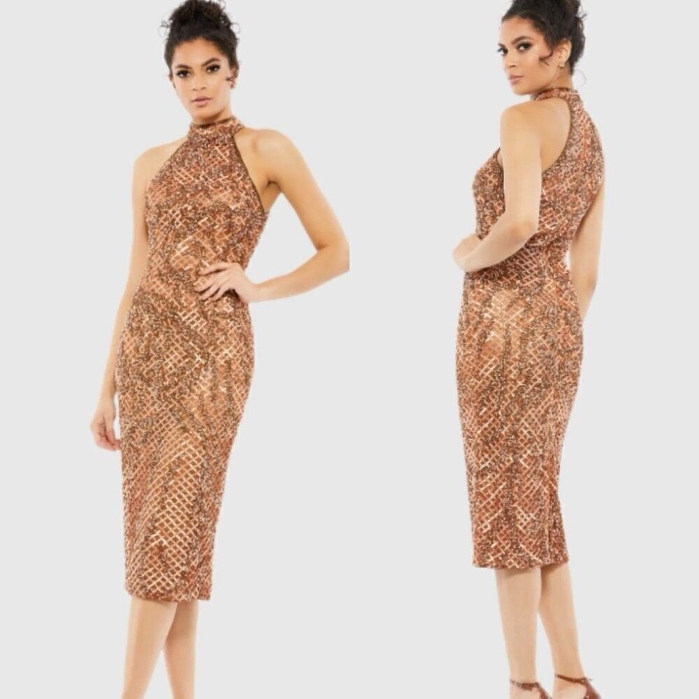 NWT Mac Duggal Copper Sequin Beaded Plaid Halter Neck Lined Cocktail Dress Size